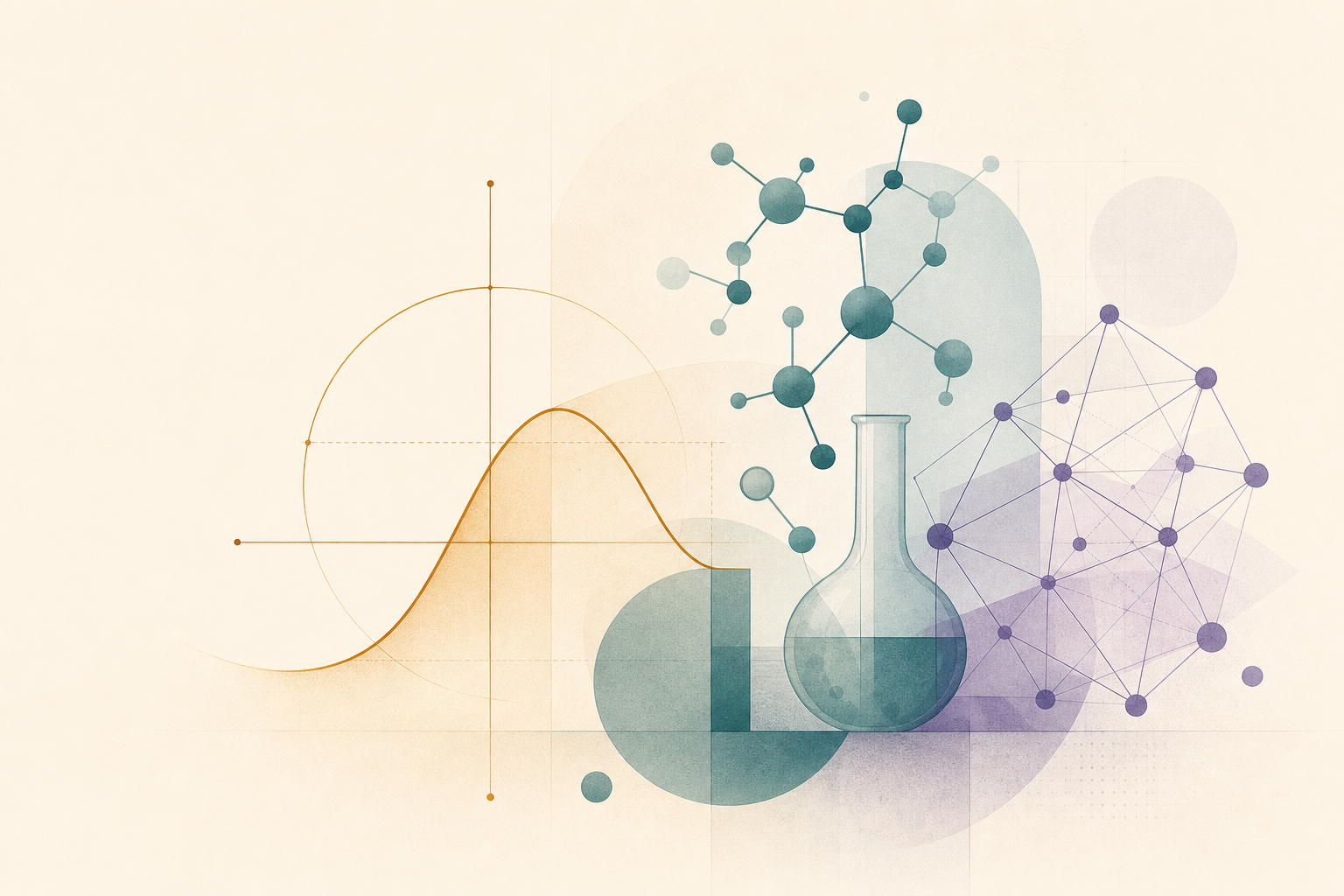 Abstrakte Verbindung aus mathematischer Kurve, Molekülmodell, Laborgefäß und algorithmischem Netzwerk